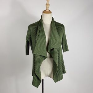 EILEEN FISHER Merino Ribbed Stretch Knit Half Sleeve Open Cardigan Green XS